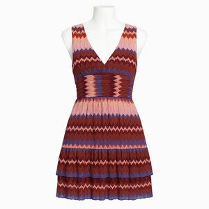 Ramy Brook Laura Knit Zigzag Metallic Tiered Mini Dress V-Neck Medium NEW